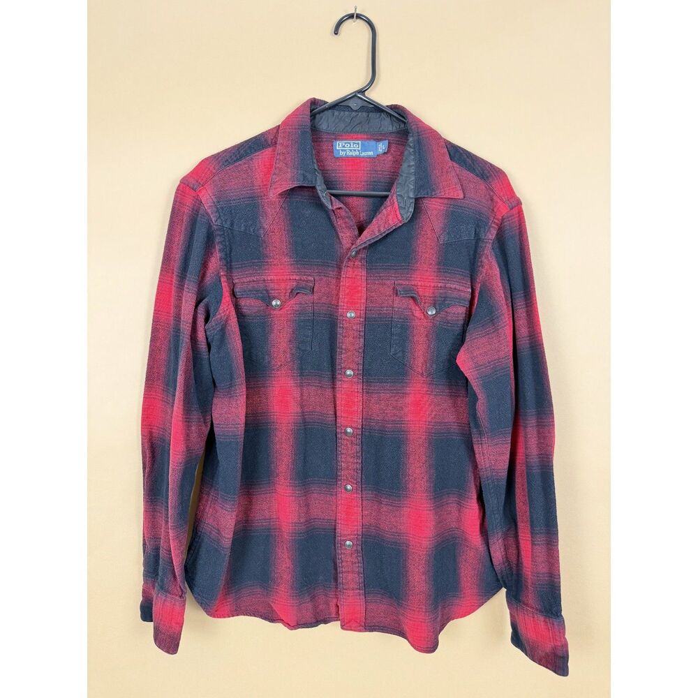 Vintage 90's Polo Ralph Lauren Western Snap Flannel Shirt Red Black Plaid Mens L